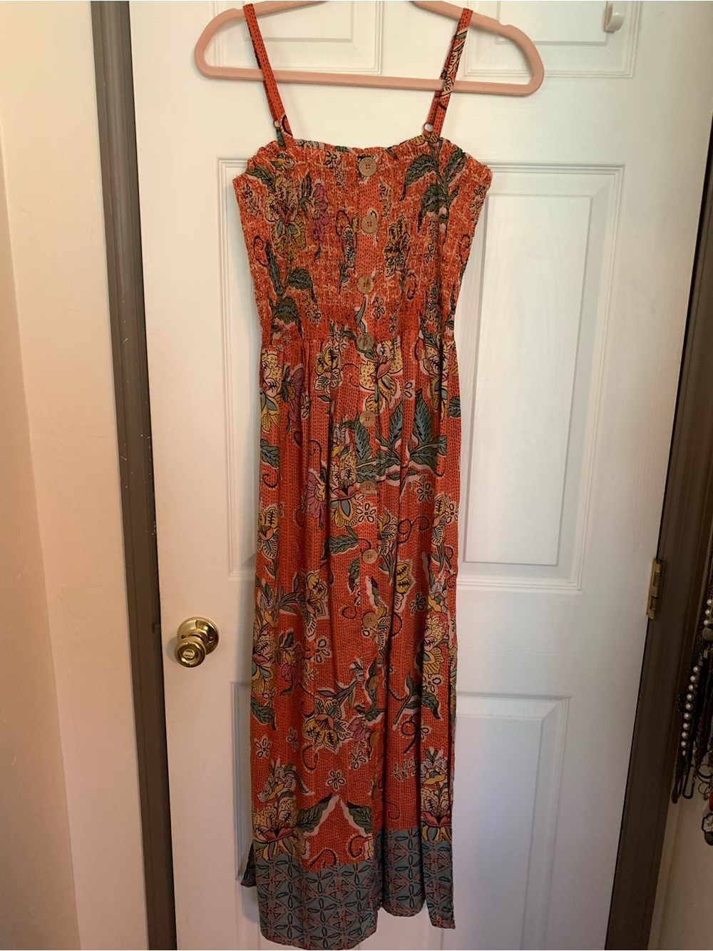 Angie Orange Floral Smocked Maxi Dress with Adjustable Straps